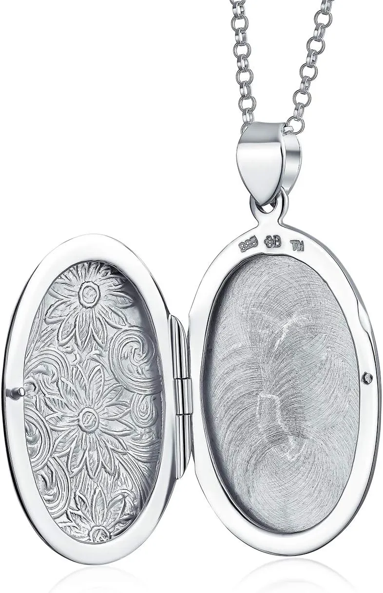 Bling Jewelry Customizable Vintage Style Oxidized .925 Sterling Silver Embossed Scroll Floral Sunflower Photo Lockets Necklace Pendant for Women Holds Pictures Round Oval Design
