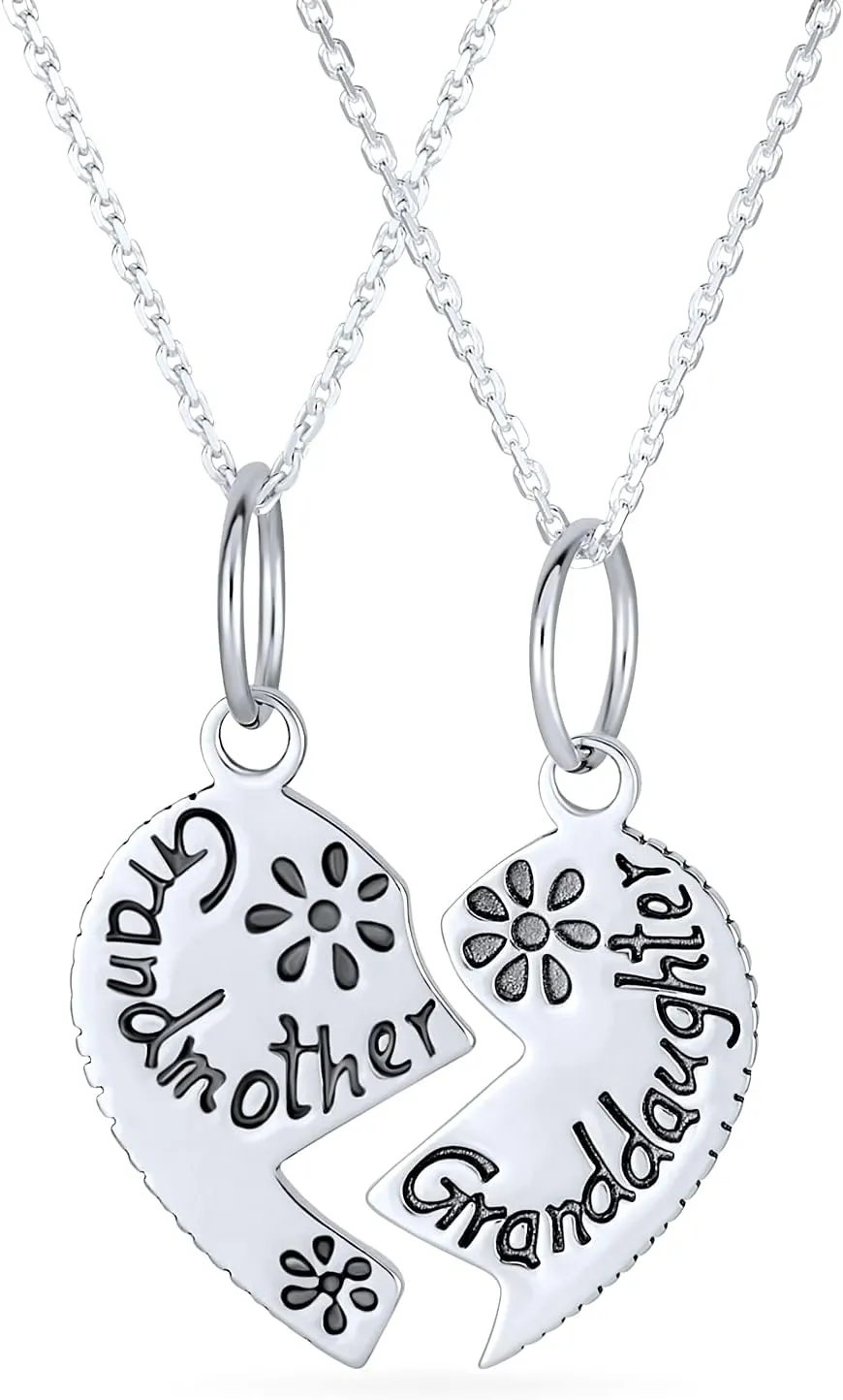 Bling Jewelry Personalize 2 Part Puzzle Split Heart Engravable Word Grandmother Granddaughter Pendant Necklace For Grandma .925 Sterling Silver