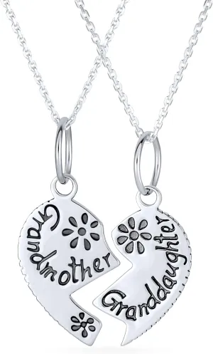 Bling Jewelry Personalize 2 Part Puzzle Split Heart Engravable Word Grandmother Granddaughter Pendant Necklace For Grandma .925 Sterling Silver
