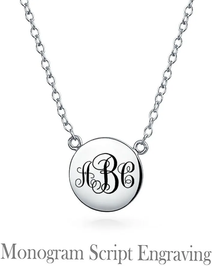 Bling Jewelry Personalized Minimalist Round Circle Disc Geometric Engravable Monogram Alphabet A-Z Initial Pendant Necklace For Women For Teen 14K Gold Plated .925 Sterling Silver Customizable