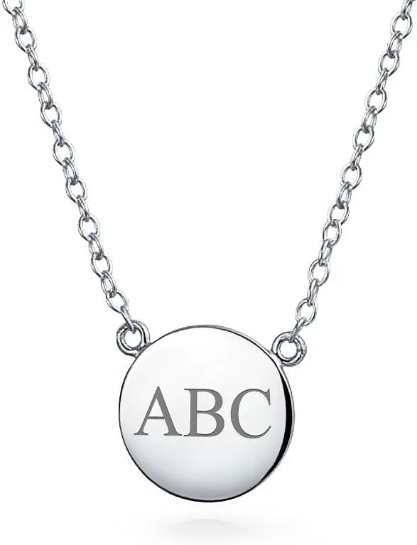 Bling Jewelry Personalized Minimalist Round Circle Disc Geometric Engravable Monogram Alphabet A-Z Initial Pendant Necklace For Women For Teen 14K Gold Plated .925 Sterling Silver Customizable