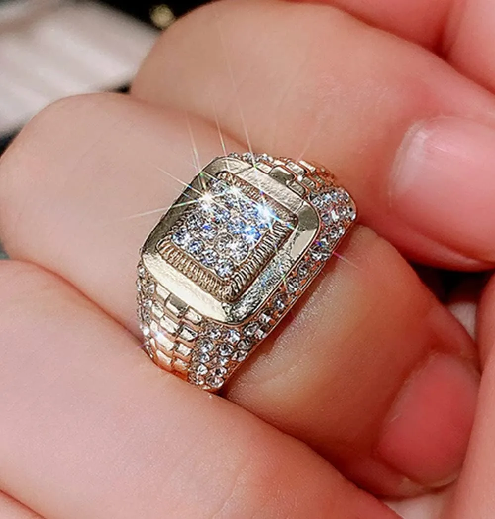 Bling Pinky Ring for Men 18K Gold Plated Simulated Diamond Ring Hip Hop Iced Out Men's Gold Ring Size 7-12