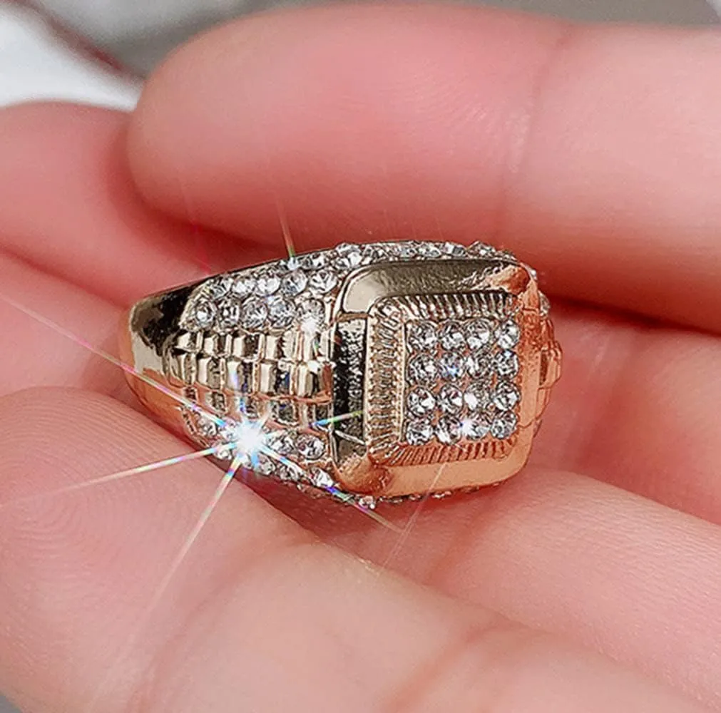 Bling Pinky Ring for Men 18K Gold Plated Simulated Diamond Ring Hip Hop Iced Out Men's Gold Ring Size 7-12