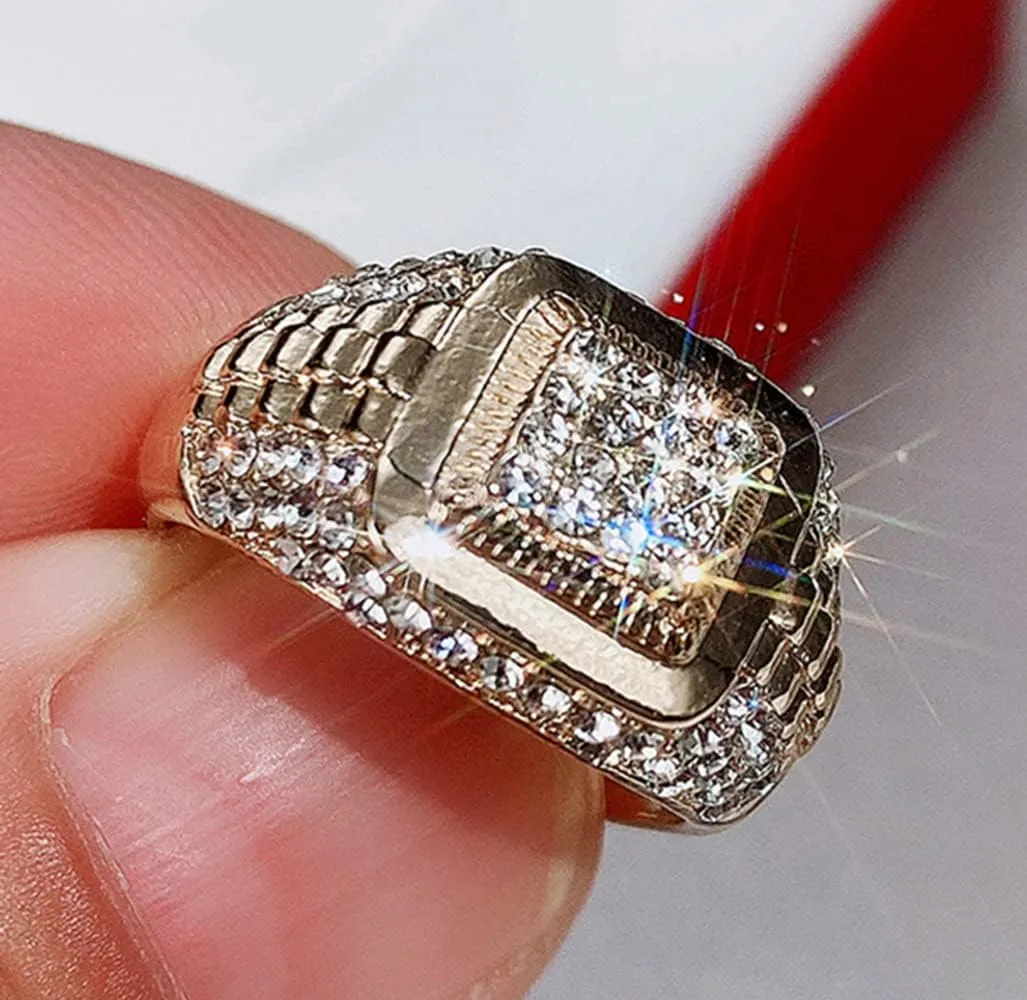 Bling Pinky Ring for Men 18K Gold Plated Simulated Diamond Ring Hip Hop Iced Out Men's Gold Ring Size 7-12