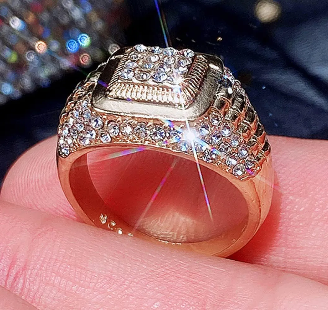 Bling Pinky Ring for Men 18K Gold Plated Simulated Diamond Ring Hip Hop Iced Out Men's Gold Ring Size 7-12