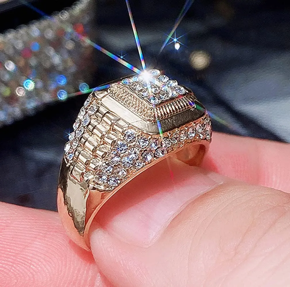 Bling Pinky Ring for Men 18K Gold Plated Simulated Diamond Ring Hip Hop Iced Out Men's Gold Ring Size 7-12