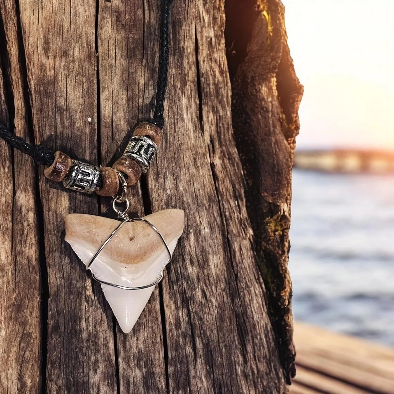 BlueRica Shark Tooth Pendant on Adjustable Cord with Wood Accent Beads Necklace
