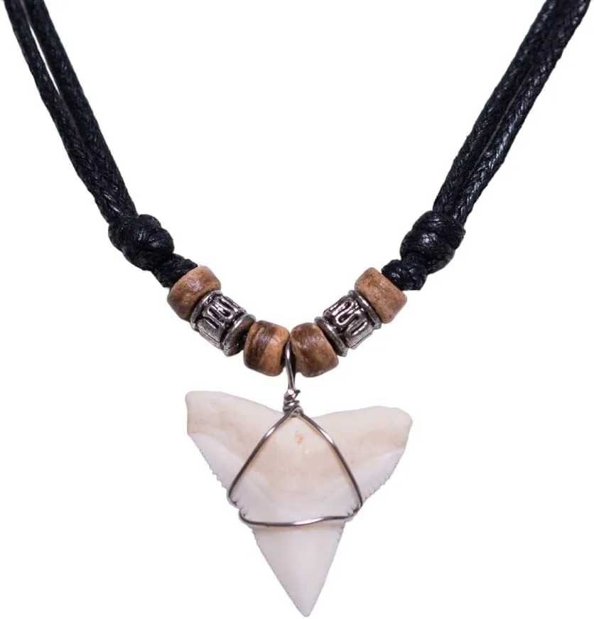 BlueRica Shark Tooth Pendant on Adjustable Cord with Wood Accent Beads Necklace