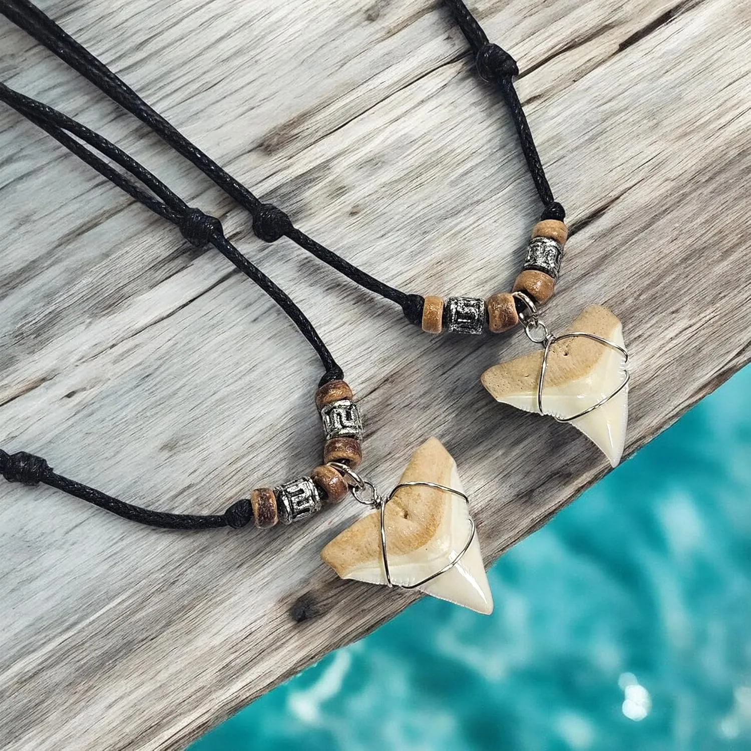 BlueRica Shark Tooth Pendant on Adjustable Cord with Wood Accent Beads Necklace