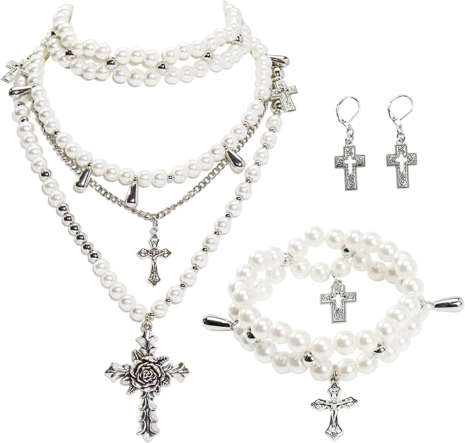 Bocar Gothic Cross Layered Pearl Necklace Chunky Statement Stacked Necklace Y2K Silver Layered Necklace for Women (NK-10769)