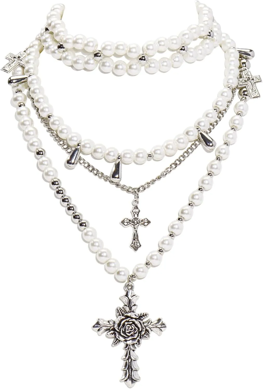 Bocar Gothic Cross Layered Pearl Necklace Chunky Statement Stacked Necklace Y2K Silver Layered Necklace for Women (NK-10769)