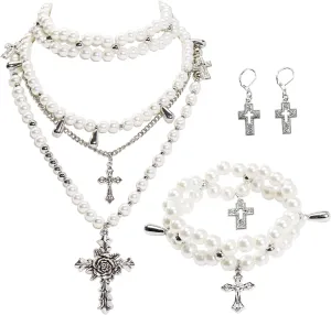 Bocar Gothic Cross Layered Pearl Necklace Chunky Statement Stacked Necklace Y2K Silver Layered Necklace for Women (NK-10769)