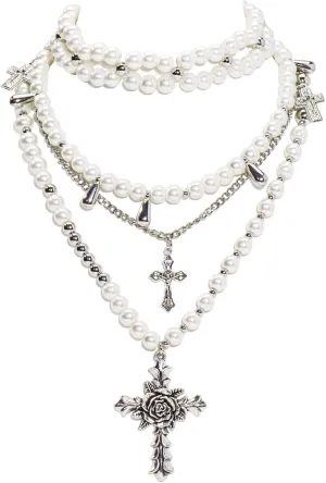 Bocar Gothic Cross Layered Pearl Necklace Chunky Statement Stacked Necklace Y2K Silver Layered Necklace for Women (NK-10769)
