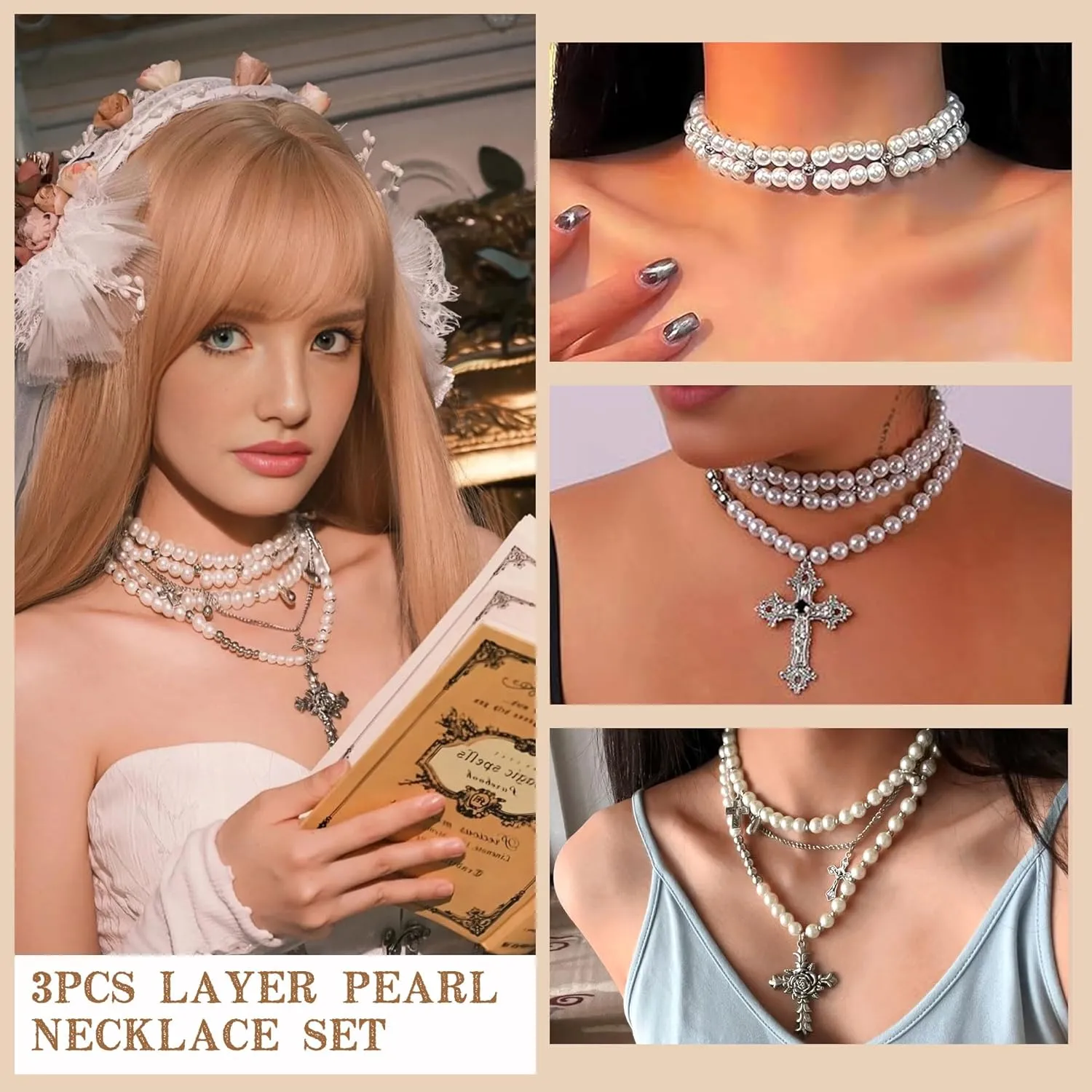 Bocar Gothic Cross Layered Pearl Necklace Chunky Statement Stacked Necklace Y2K Silver Layered Necklace for Women (NK-10769)
