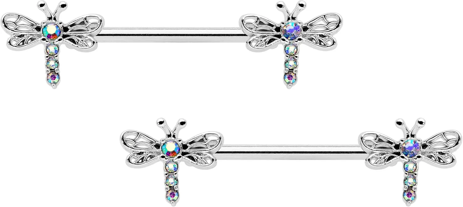 Body Candy 14G Womens Nipplerings Piercing Steel 2Pc Ornate Dragonfly Aurora Accent Nipple Ring Set 9/16"