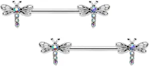Body Candy 14G Womens Nipplerings Piercing Steel 2Pc Ornate Dragonfly Aurora Accent Nipple Ring Set 9/16"