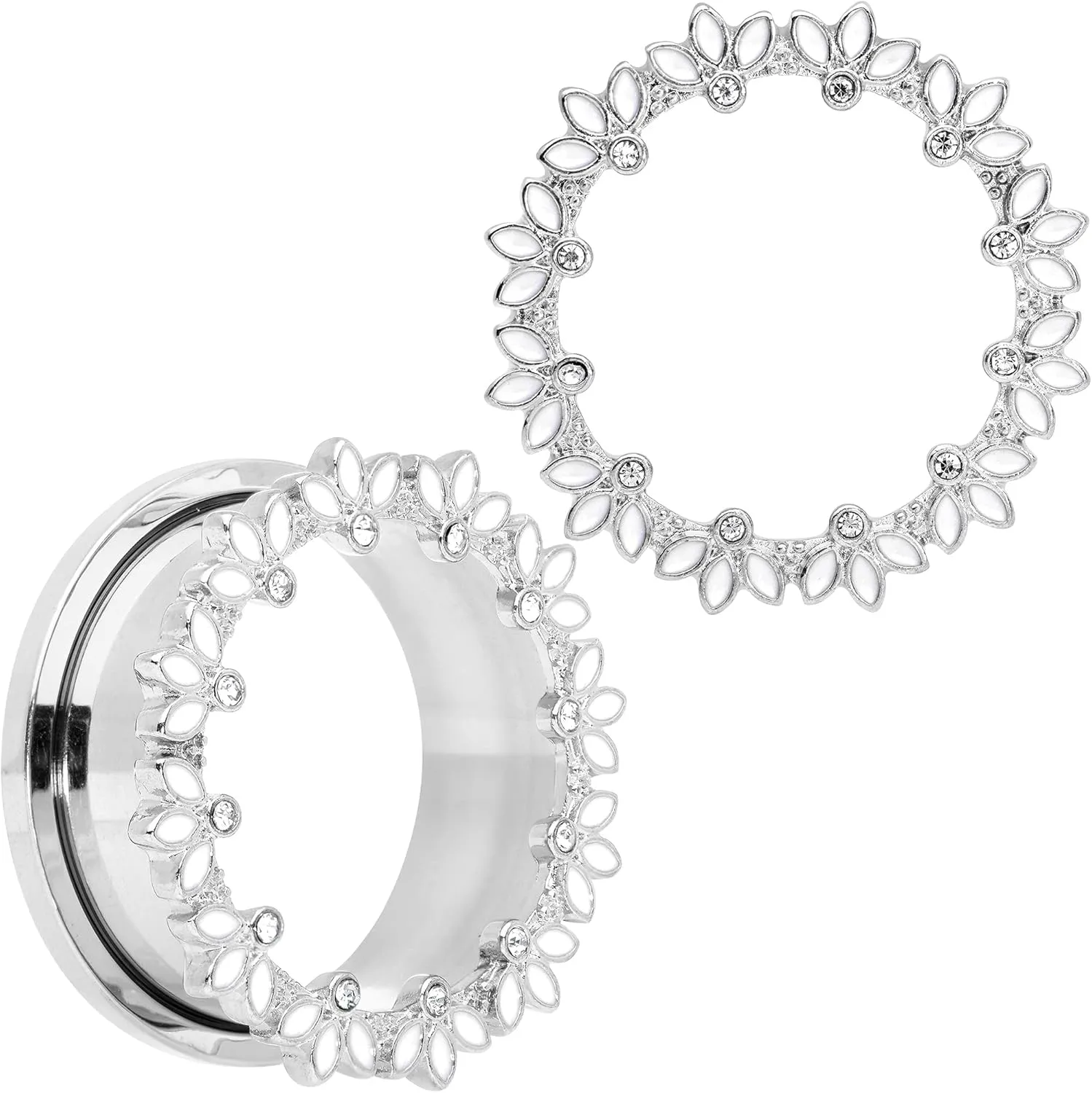 Body Candy 2Pc Womens 316L Steel White Leaves 24mm Double Flare Screw Fit Tunnel Plug Ear Plug Gauges Set