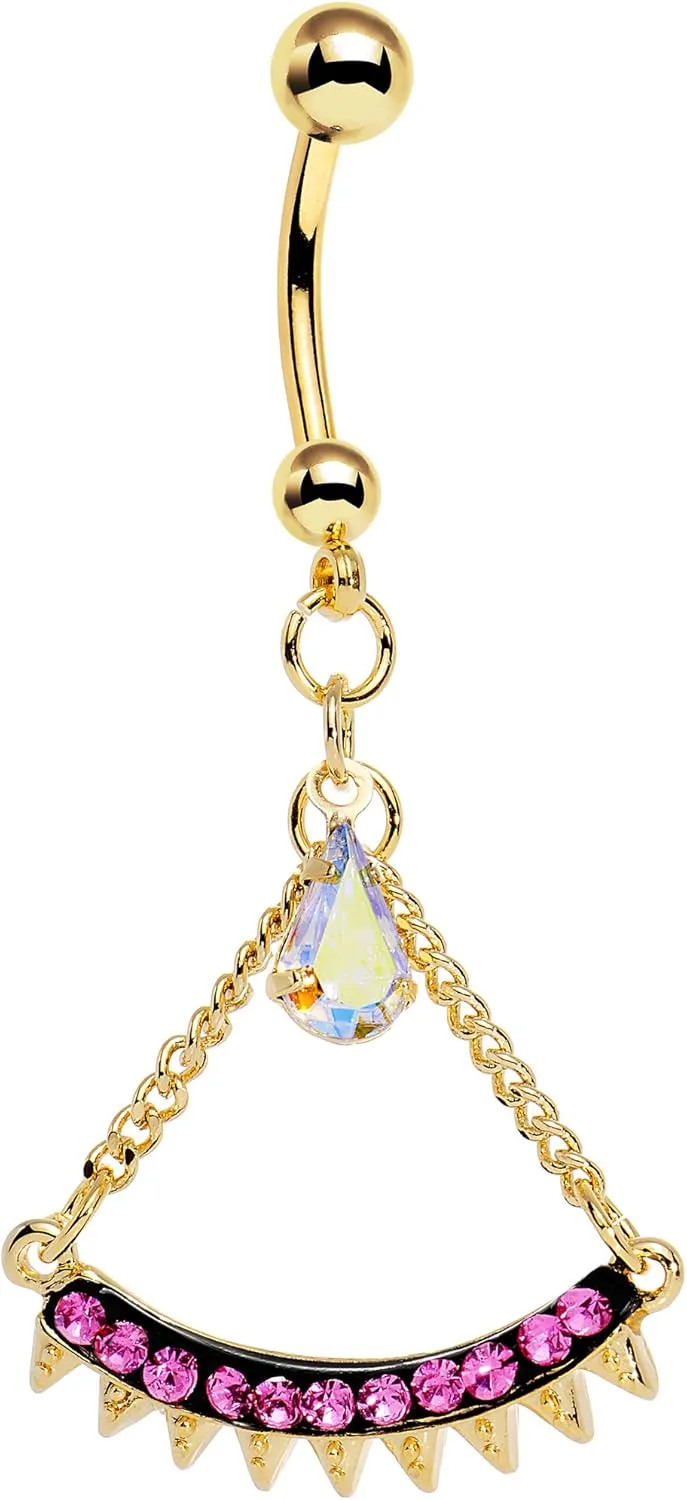 Body Candy Gold Anodized Steel Pink Aurora Accent Euclidian Arc Dangle Belly Ring