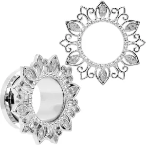 Body Candy Womens 2Pc Steel Clear Lotus Flower 2G Double Flare Screw Fit Tunnel Plug Ear Plug Gauges Set