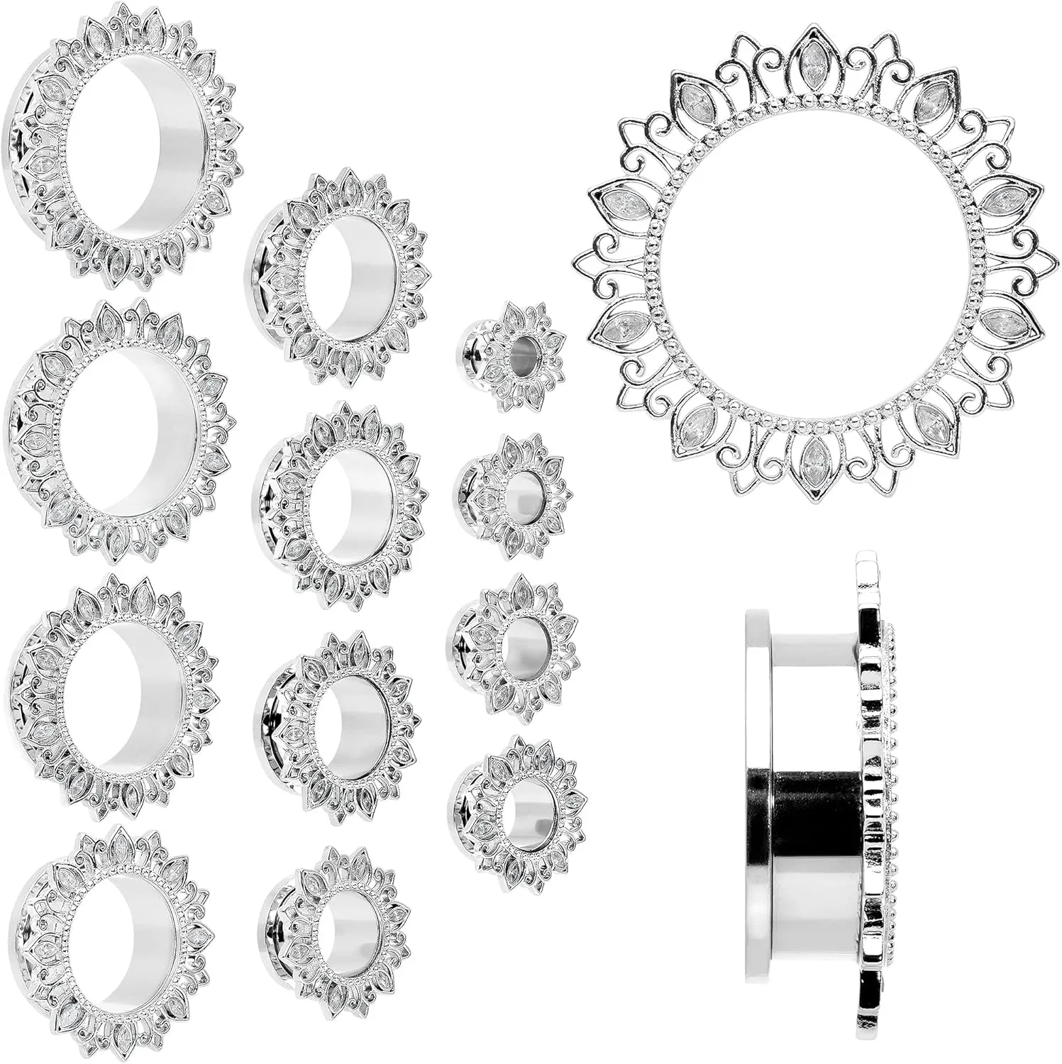Body Candy Womens 2Pc Steel Clear Lotus Flower 2G Double Flare Screw Fit Tunnel Plug Ear Plug Gauges Set