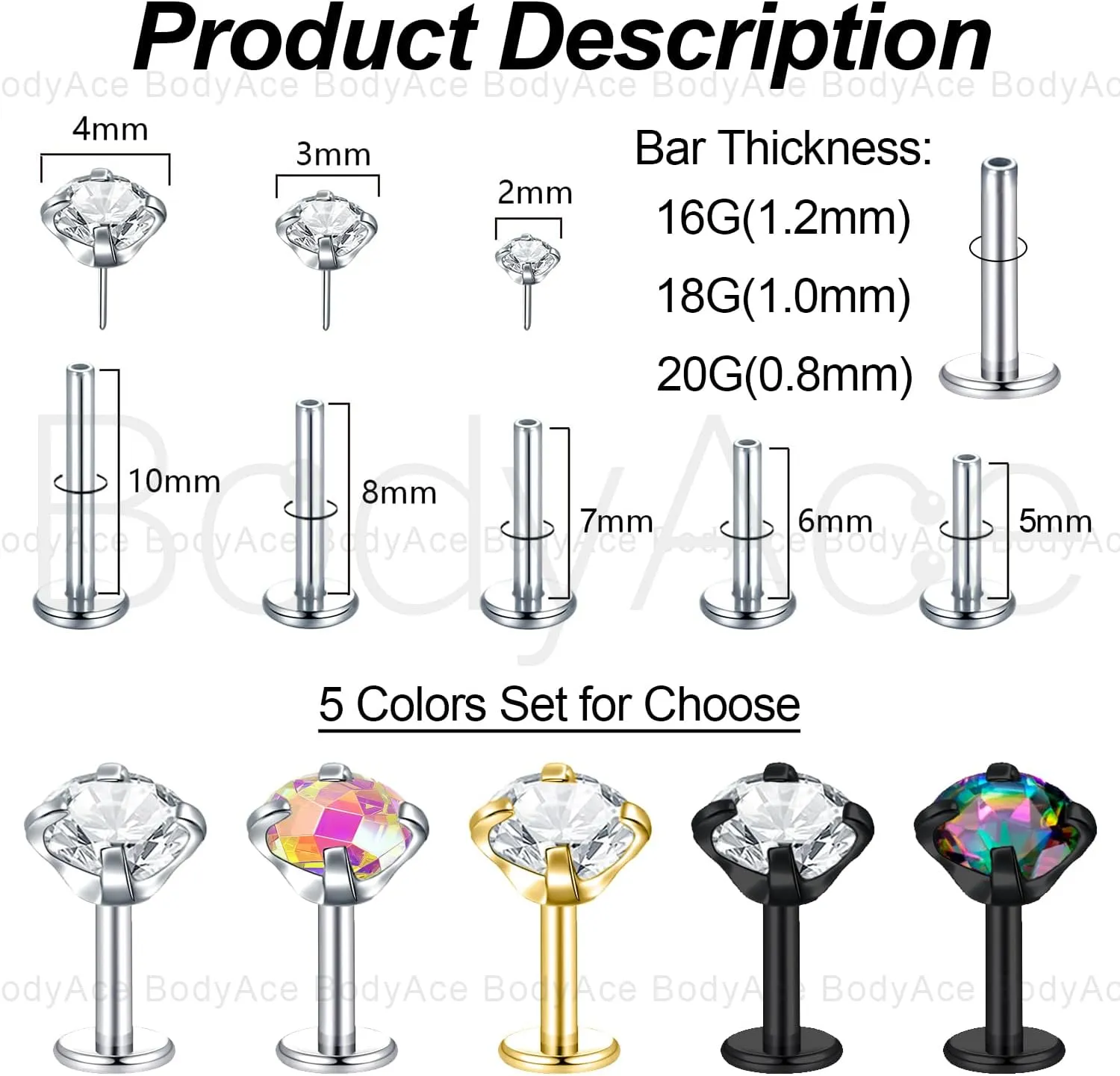 BodyAce 18G/20G Threadless Push in Nose Ring Studs, 316L Surgical Steel Flat Back Earrings Tragus Cartilage Stud, CZ Lip Rings Labret Medusa Piercing Jewelry