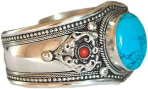 Boho Blue Stabilized Turquoise & Red Coral Adjustable Cuff Bracelet | Unique Jewelry from Nepal