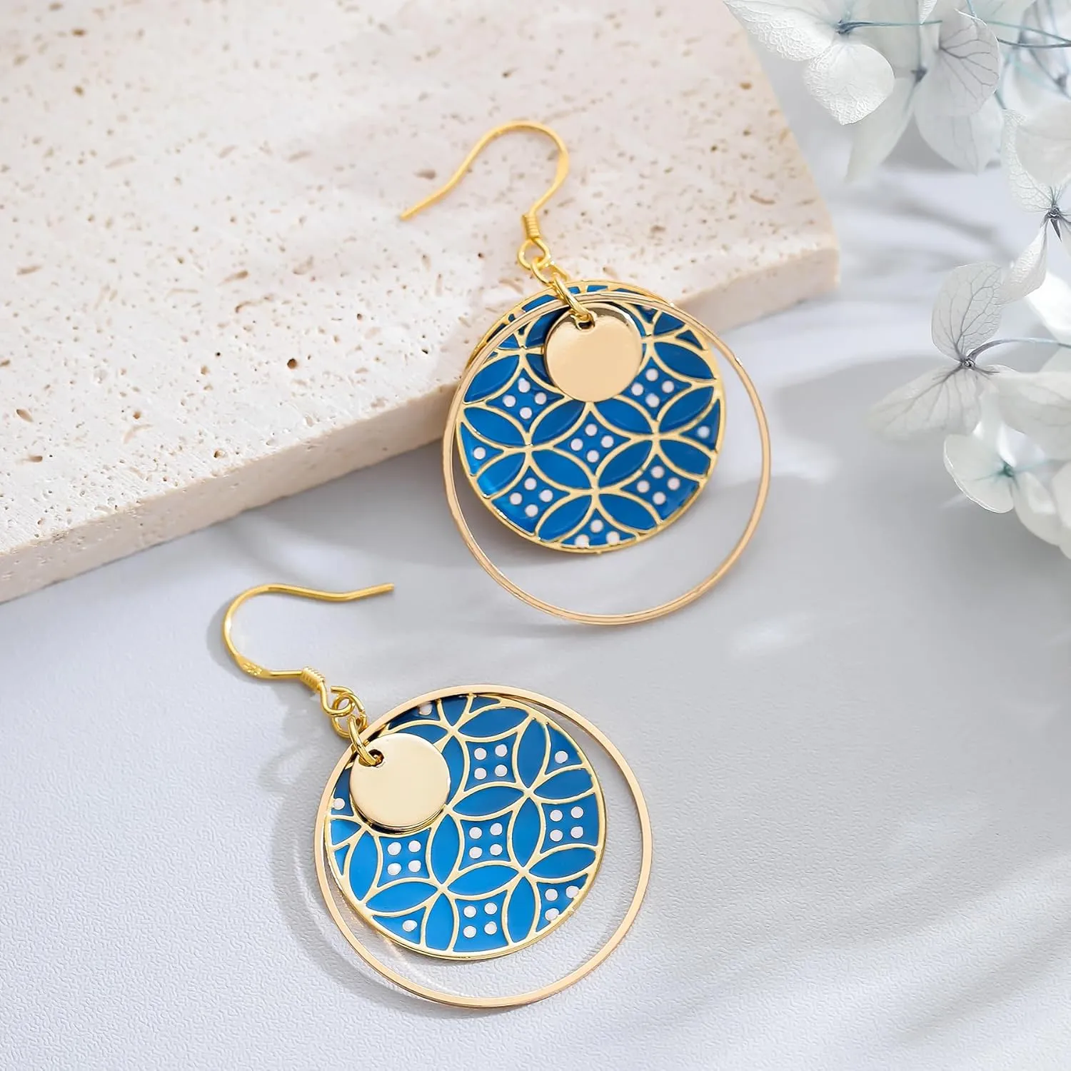 Boho Earrings, Gold Hoop Flower Earrings, Dangle Round Disc Earrings for Women, Handmade Bohemian Trendy Boho Floral Jewelry Gift