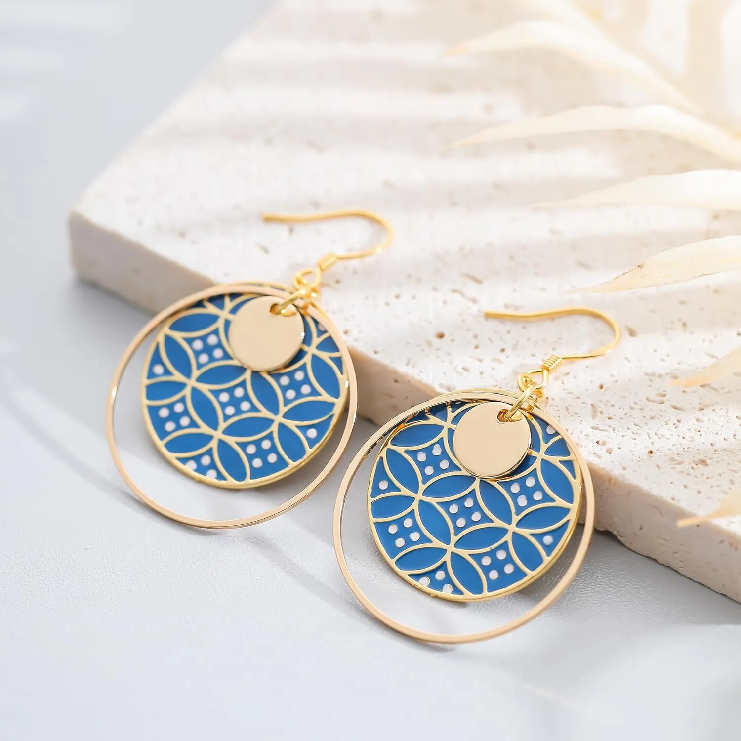 Boho Earrings, Gold Hoop Flower Earrings, Dangle Round Disc Earrings for Women, Handmade Bohemian Trendy Boho Floral Jewelry Gift