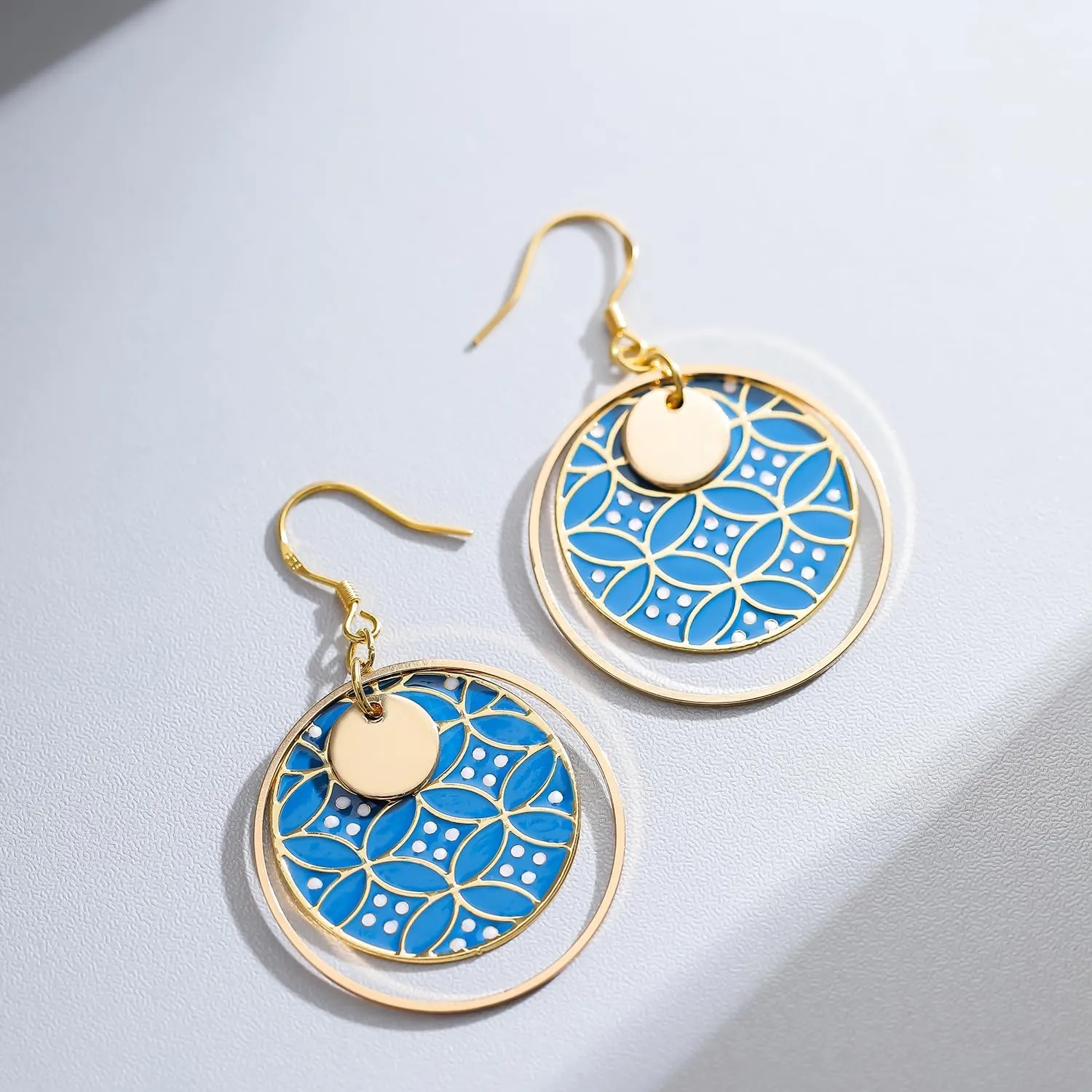 Boho Earrings, Gold Hoop Flower Earrings, Dangle Round Disc Earrings for Women, Handmade Bohemian Trendy Boho Floral Jewelry Gift