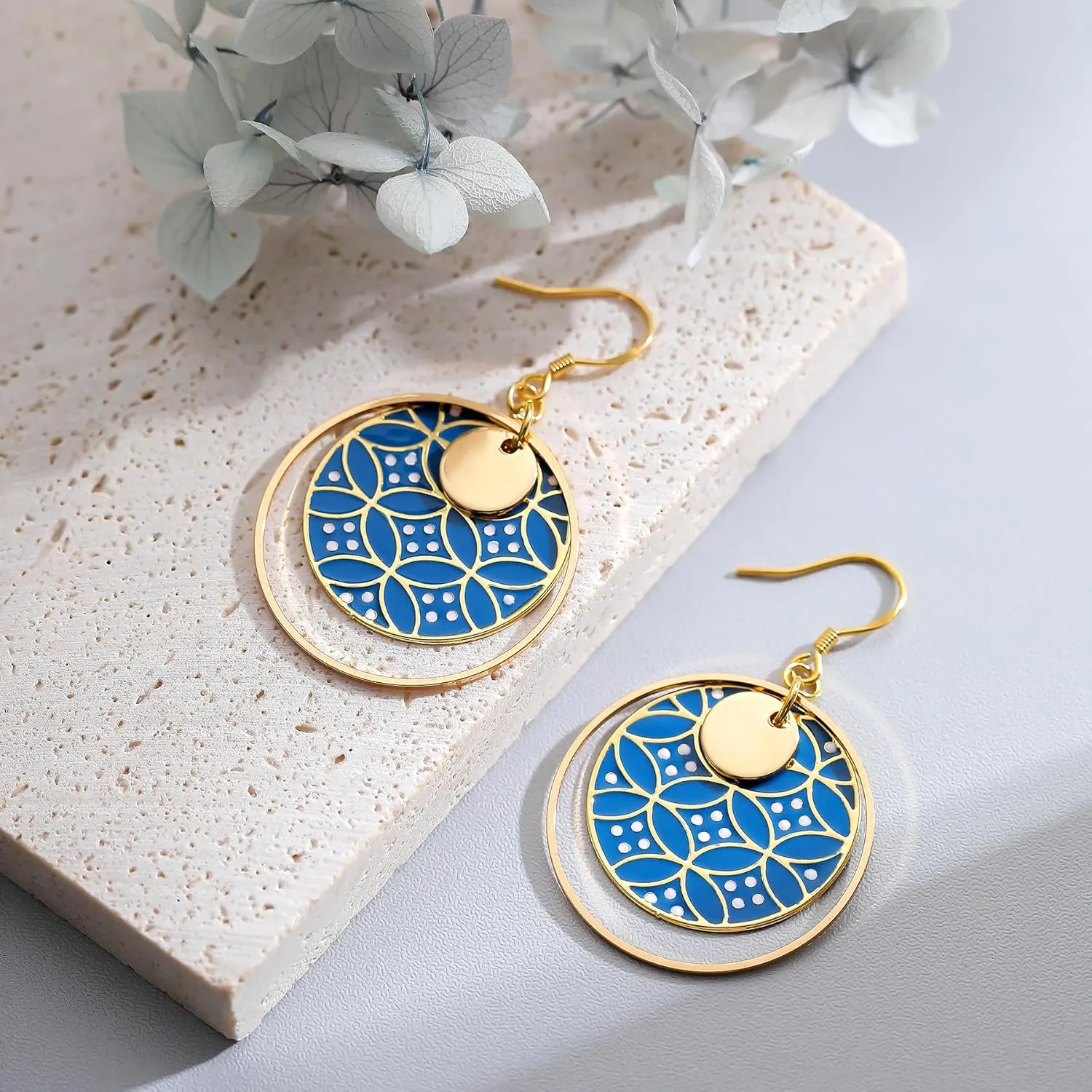Boho Earrings, Gold Hoop Flower Earrings, Dangle Round Disc Earrings for Women, Handmade Bohemian Trendy Boho Floral Jewelry Gift