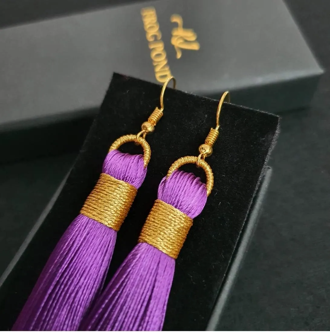 Boho Golden Wrap Silk Fabric Vintage Tassel Statement Bohemian Fashion Jewelry Fringe Drop Dangle Long Earrings