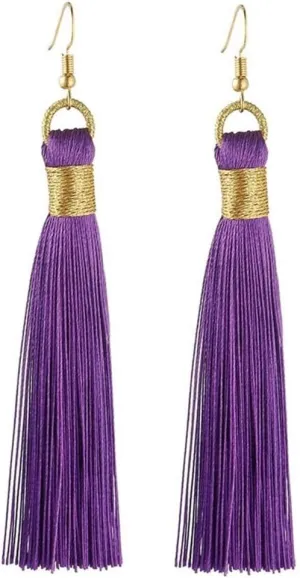 Boho Golden Wrap Silk Fabric Vintage Tassel Statement Bohemian Fashion Jewelry Fringe Drop Dangle Long Earrings