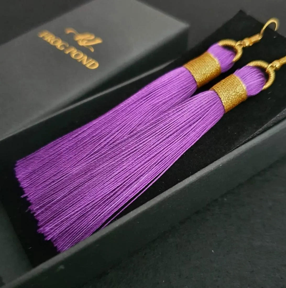 Boho Golden Wrap Silk Fabric Vintage Tassel Statement Bohemian Fashion Jewelry Fringe Drop Dangle Long Earrings