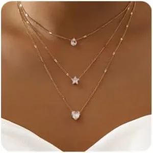 Boho Layered Crystal Necklace for Women Adjustable Delicate Star Choker Necklace Heart Water Droplets Pendant