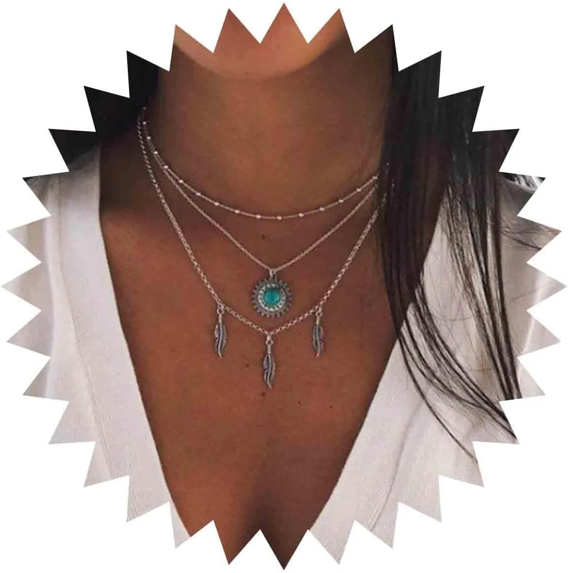 Boho Multilayer Turquoise Necklace Silver Vintage Ethnic Sunflower Necklace Tassel Leaves Layered Statement Sun Feather Pendant Necklace Jewelry for Women