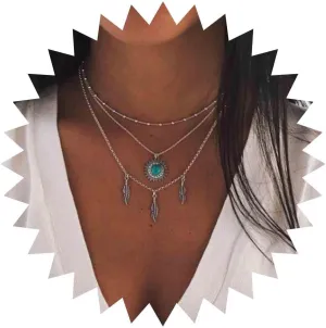 Boho Multilayer Turquoise Necklace Silver Vintage Ethnic Sunflower Necklace Tassel Leaves Layered Statement Sun Feather Pendant Necklace Jewelry for Women