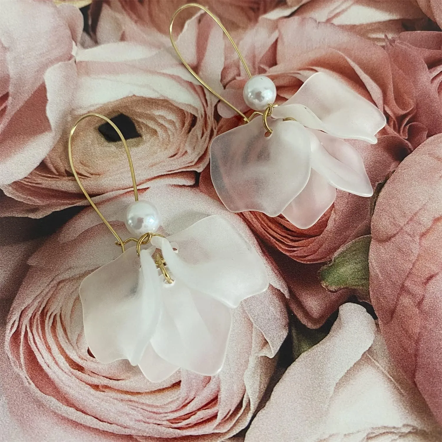 Boho Rose Petal Dangle Resin Earrings - Long Bohemian Drop Acrylic Tiered Flower Earrings - Statement Exaggerated Floral Tassel Earrings for Women