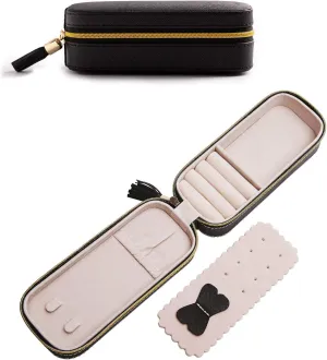 BONNY DODO Small Travel Jewelry Organizers Box for women with PU Leather Portable Mini Jewelry Case with compartments for Necklace Rings Earrings,Luxury Giftable boxes (Black, S)