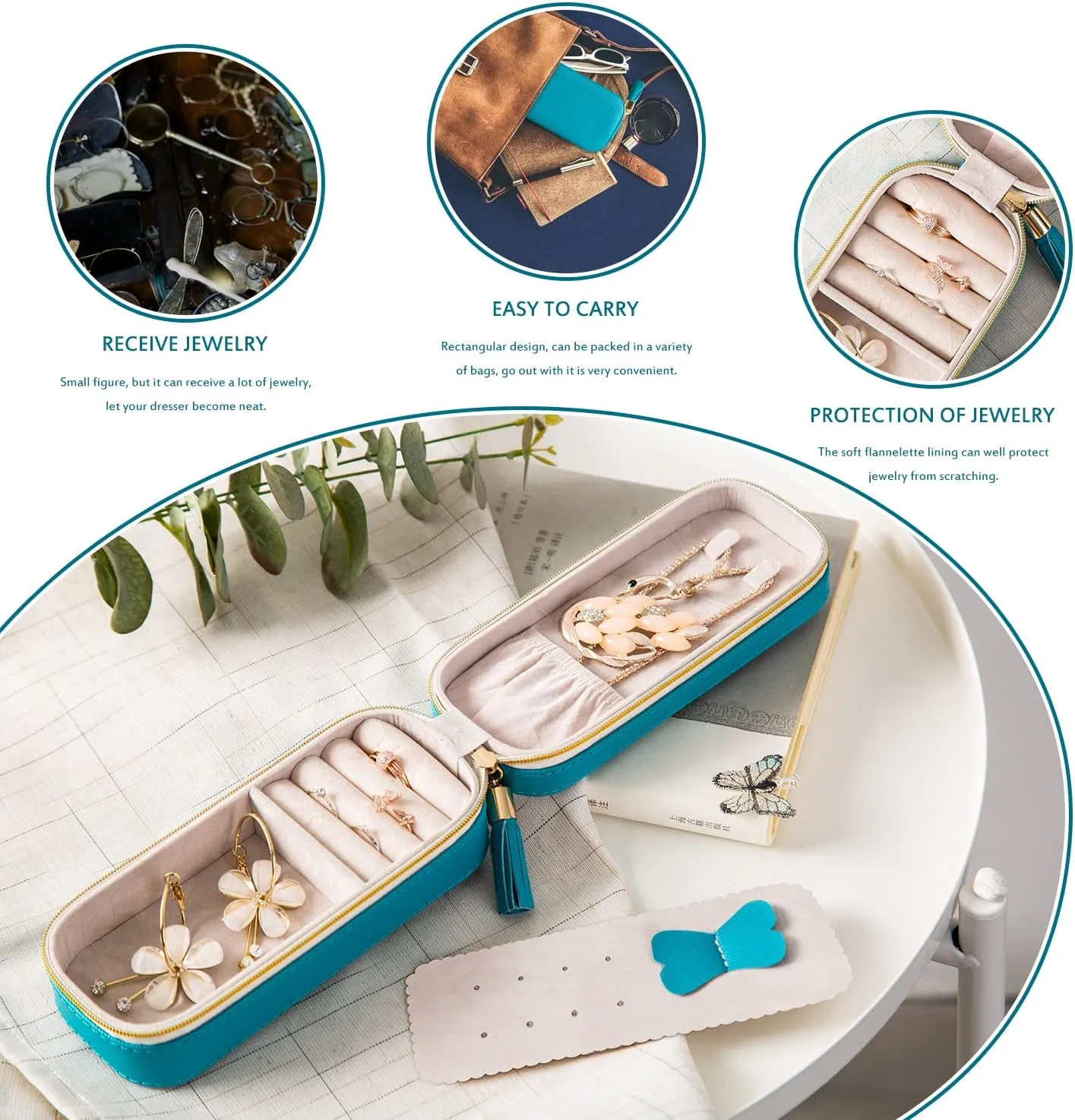 BONNY DODO Small Travel Jewelry Organizers Box for Women with PU Leather Portable Mini Jewelry Case with Compartments for Necklace Rings Earrings,Luxury Giftable Boxes (Blue green, S)