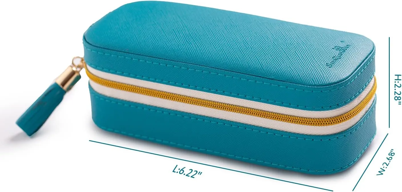 BONNY DODO Small Travel Jewelry Organizers Box for Women with PU Leather Portable Mini Jewelry Case with Compartments for Necklace Rings Earrings,Luxury Giftable Boxes (Blue green, S)
