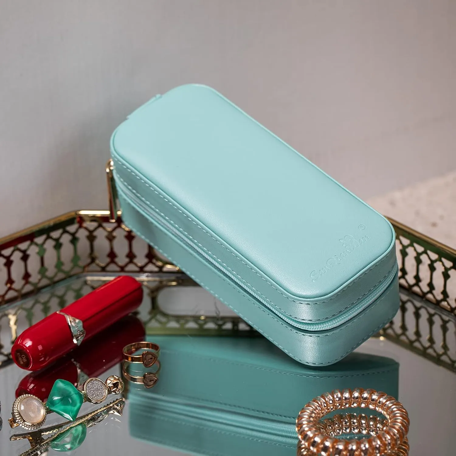 BONNY DODO Small Travel Jewelry Organizers Box for Women with PU Leather Portable Mini Jewelry Case with Compartments for Necklace Rings Earrings,Luxury Giftable Boxes (Lake Blue, S)