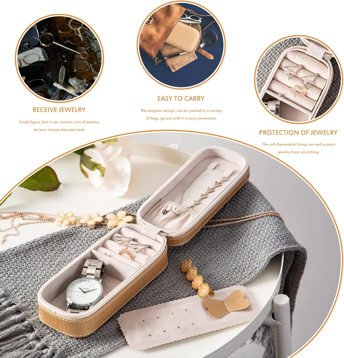BONNY DODO Small Travel Jewelry Organizers Box for women with PU Leather Portable Mini Jewelry Case with compartments for Necklace Rings Earrings,Luxury Giftable boxes(Champagne, S)