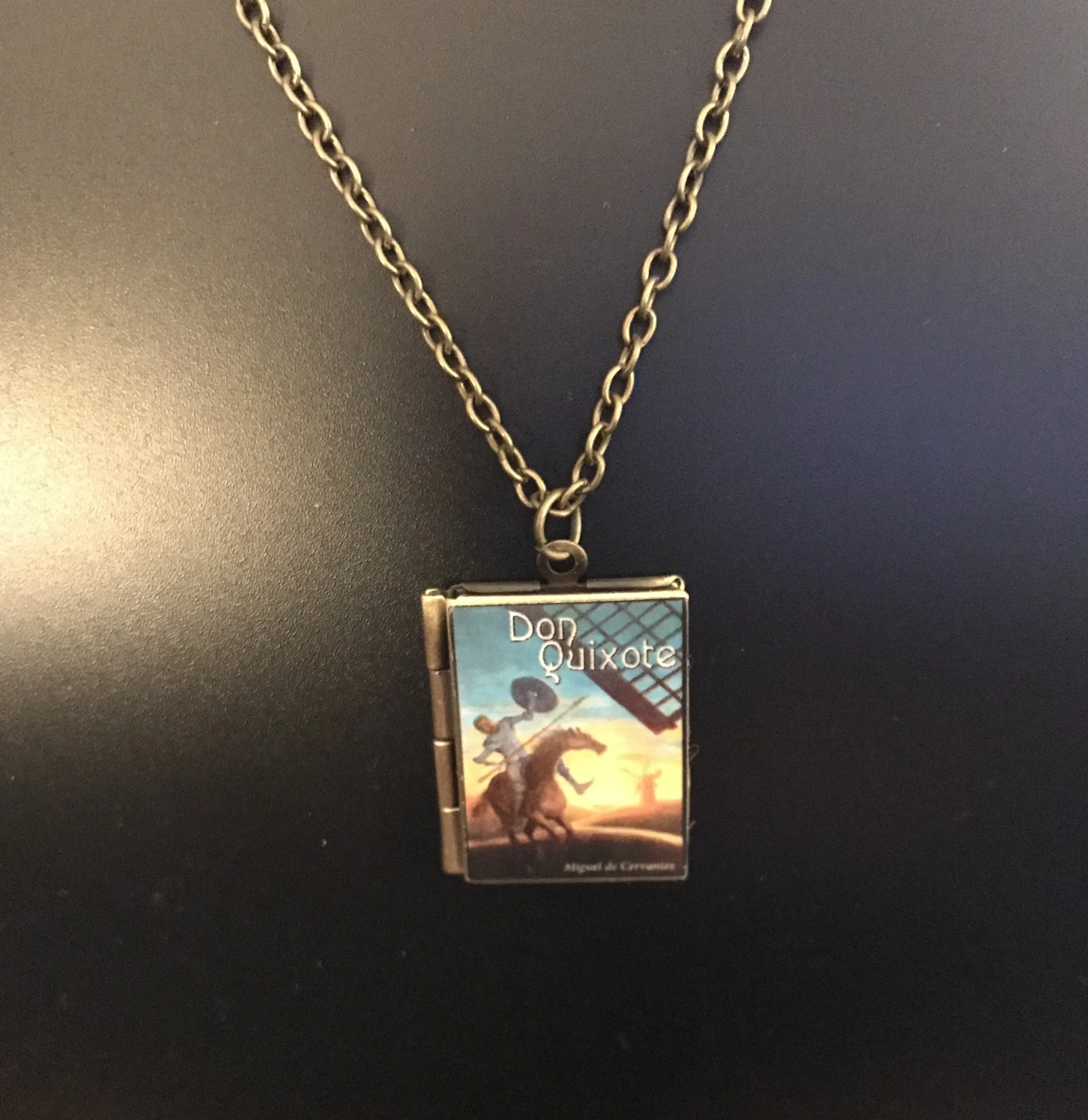 Book Locket "Don Quixote" Necklace Bronze