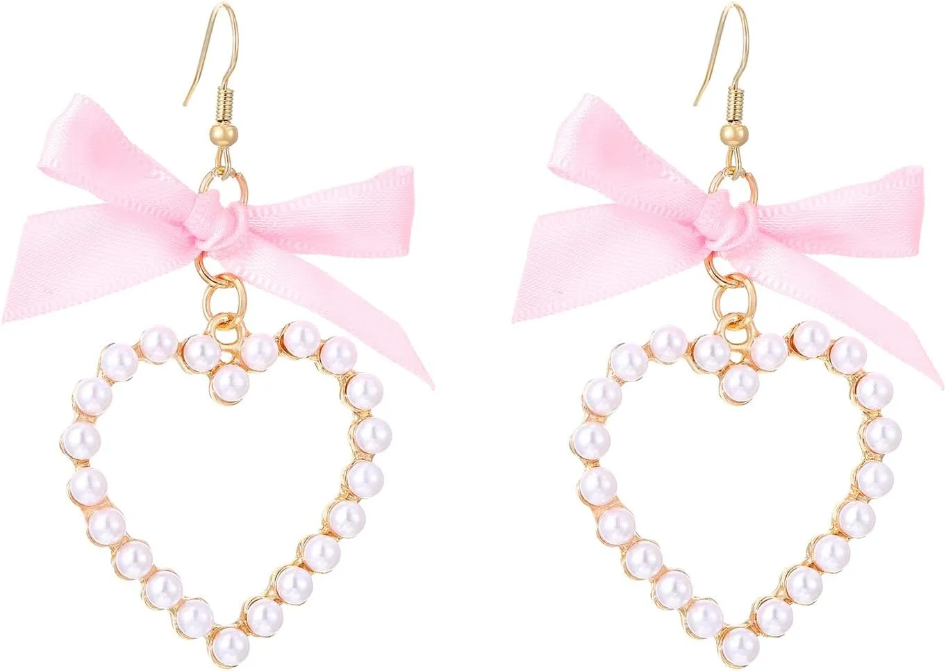 Bow Pearl Hollow Heart Earrings for Women Ribbon Bowknot Pearl Heart Drop Dangle Earrings Birthday Wedding Jewelry
