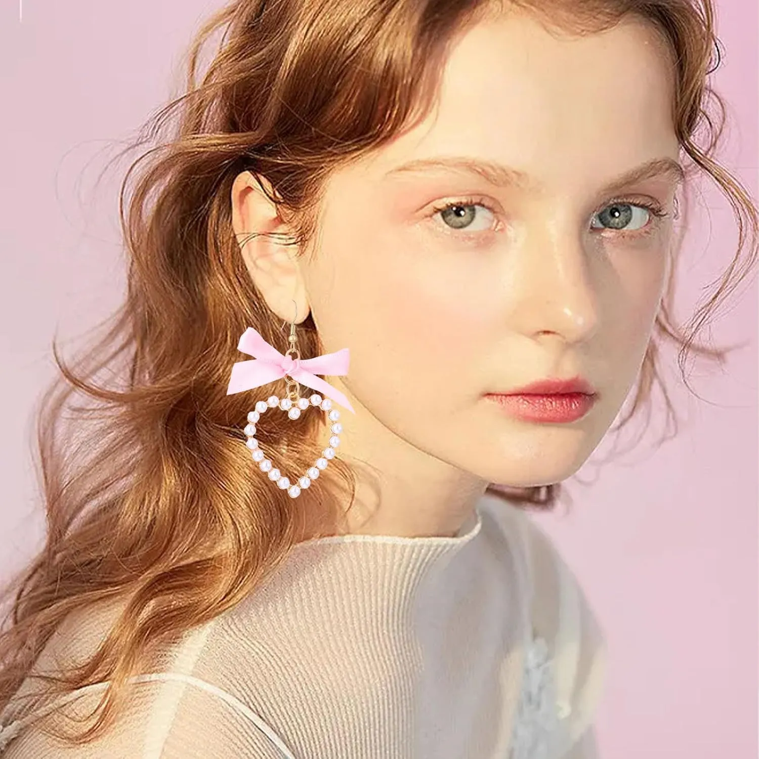 Bow Pearl Hollow Heart Earrings for Women Ribbon Bowknot Pearl Heart Drop Dangle Earrings Birthday Wedding Jewelry