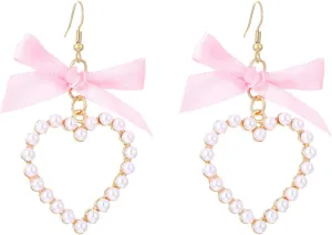 Bow Pearl Hollow Heart Earrings for Women Ribbon Bowknot Pearl Heart Drop Dangle Earrings Birthday Wedding Jewelry