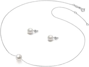 Bridesmaids Gifts Single Pearl Necklace Silver Stud Earrings Gift Floating Pendant 8-9mm Simple Chain Jewelry Set for Women Maid of Honor Gifts for Her Wedding Classic Fashion Style