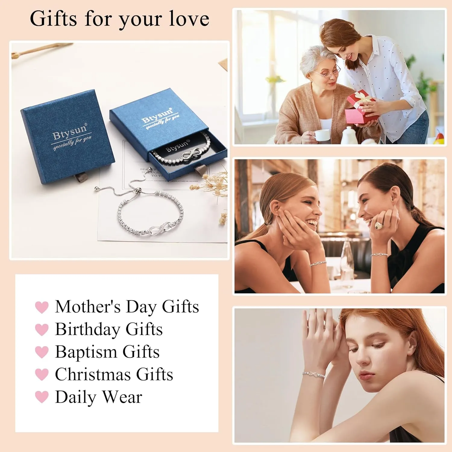 Btysun Infinity Bracelets for Women Anniversary Christmas Gifts for Girlfriend Mom Daughter Adjustable Heart Rose Heartbeat Love Cross Mom Tennis Bracelet Jewelry for Teen Girls