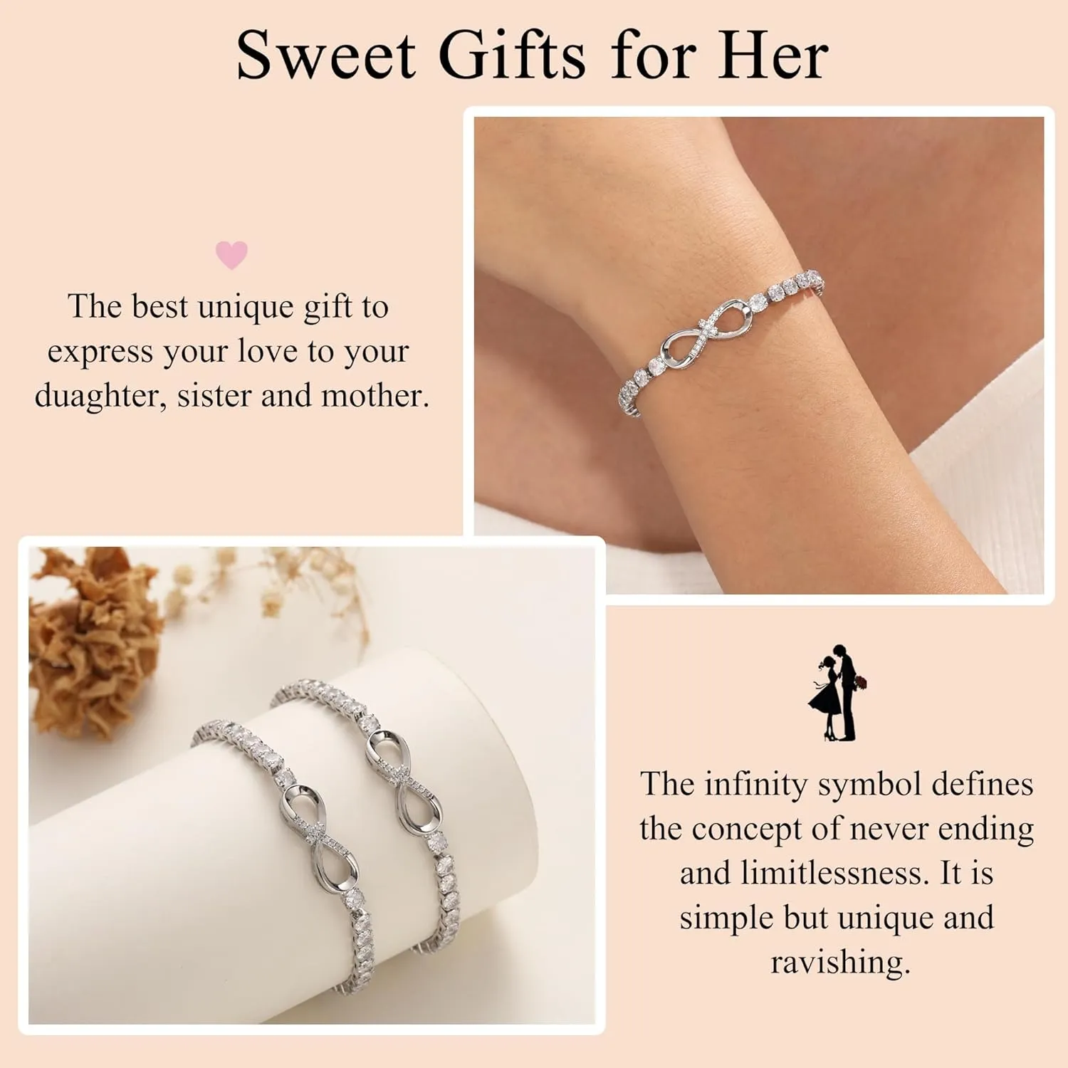 Btysun Infinity Bracelets for Women Anniversary Christmas Gifts for Girlfriend Mom Daughter Adjustable Heart Rose Heartbeat Love Cross Mom Tennis Bracelet Jewelry for Teen Girls