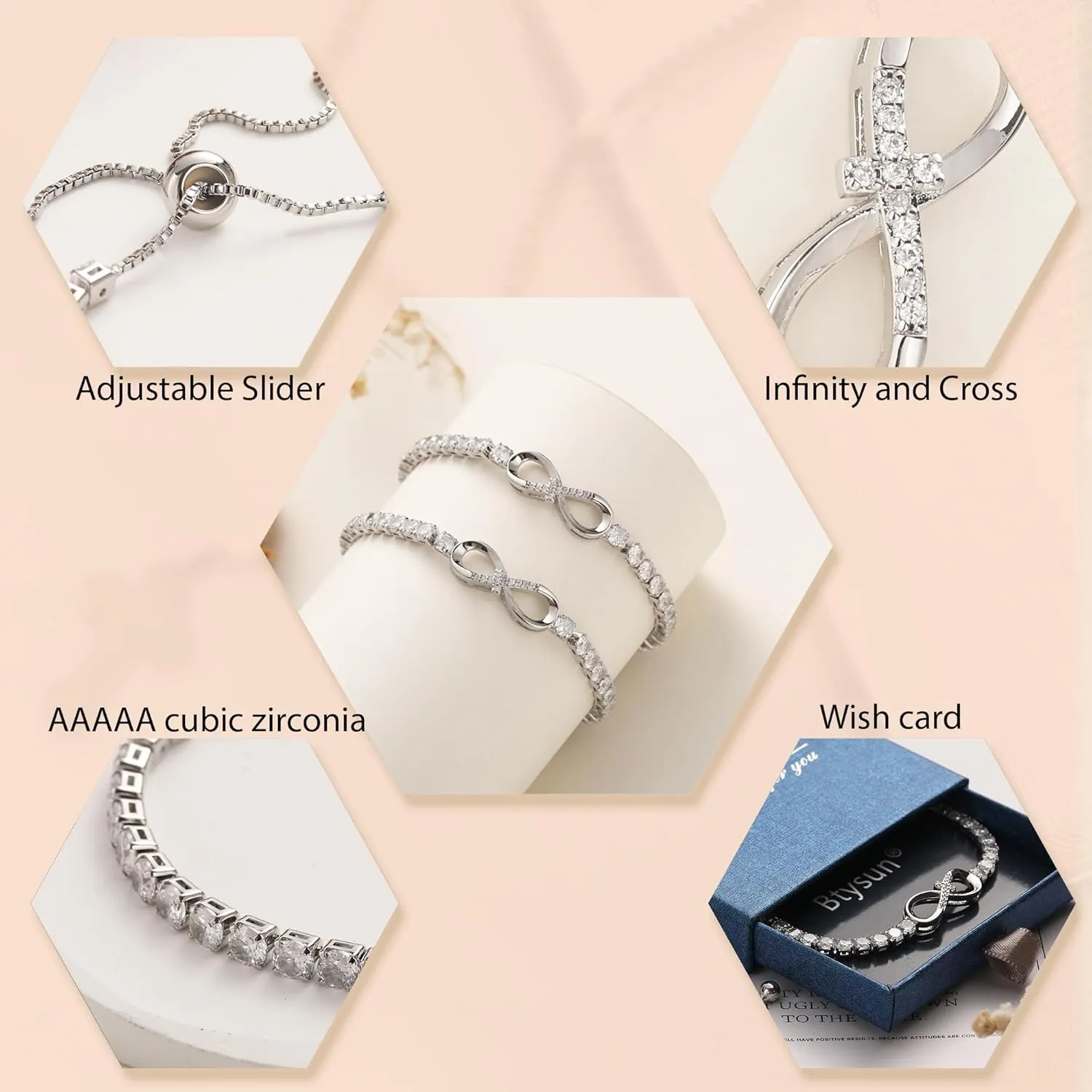 Btysun Infinity Bracelets for Women Anniversary Christmas Gifts for Girlfriend Mom Daughter Adjustable Heart Rose Heartbeat Love Cross Mom Tennis Bracelet Jewelry for Teen Girls